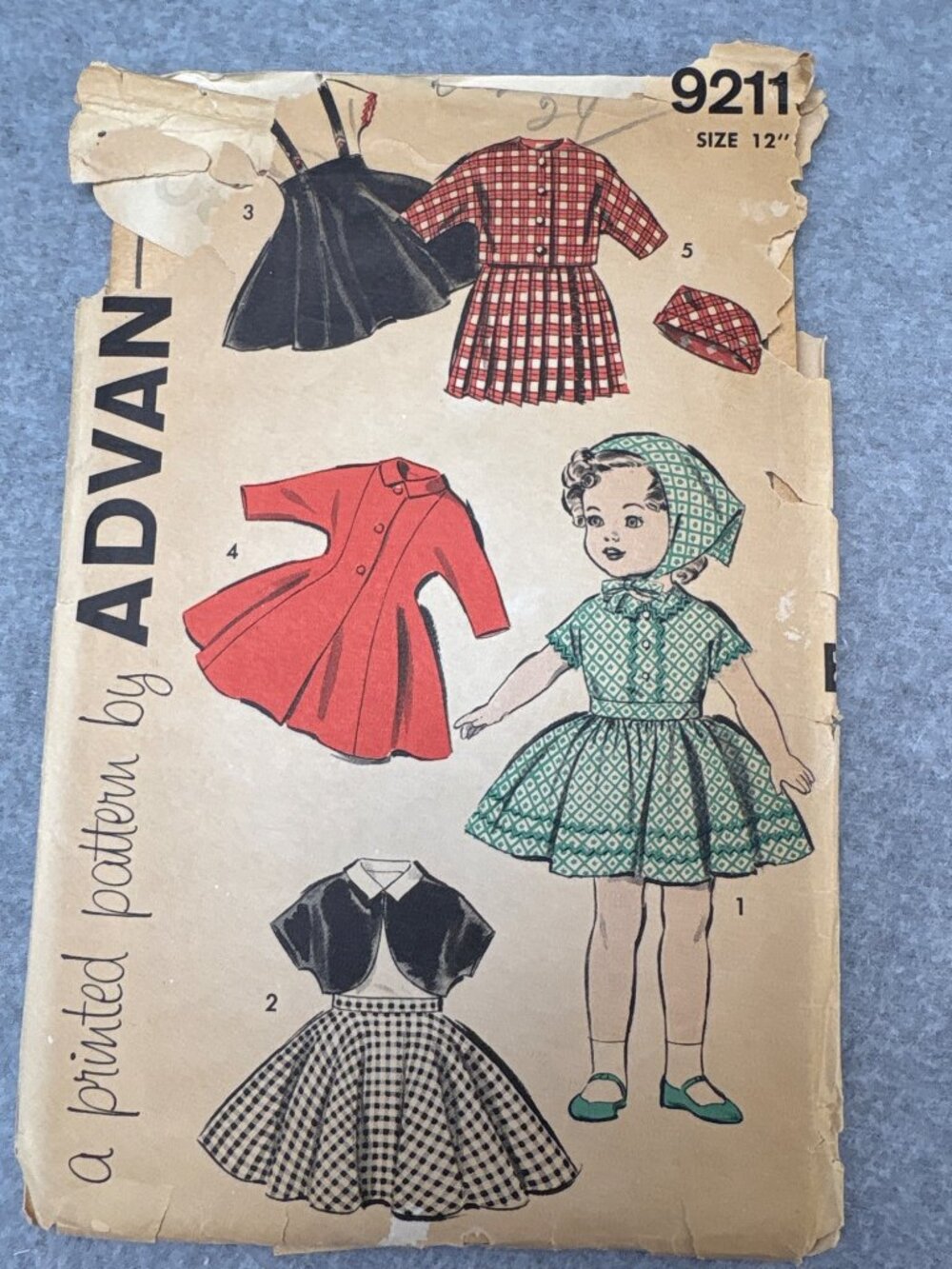 Advance Doll Wardrobe Sewing Pattern 9211 Size 12" Doll Dress Accessories Vtg